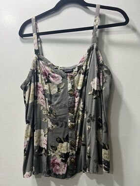 torrid Gray Floral Button-Front Cami with Pink & Cream Blooms